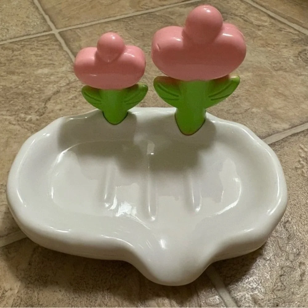 Cute Flower Soap Dish White & Pink ABS Soap Holder Tray | Floral Design for bath